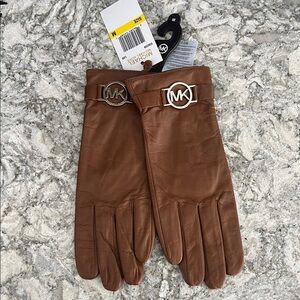 Michael Kors Brown Leather Gloves with MK Emblem